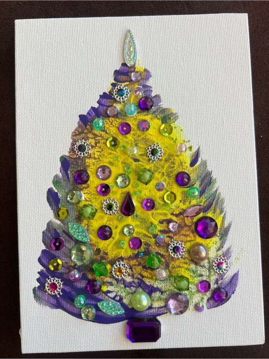Handmade Other - Purple, Lime & Gold Jeweled Christmas Tree – 5x7 Original